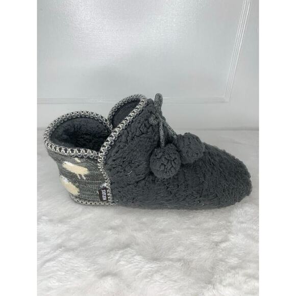 Womens Gray Sherpa Fleece Bootie Slippers With Pom-Poms & Sheep Print Backing - Picture 4 of 8